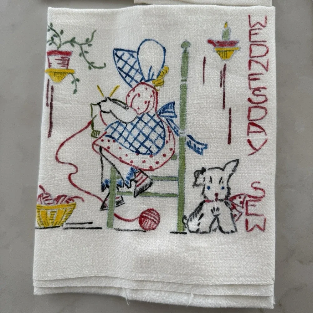 7 Vintage UNEMBROIDERED Sunbonnet Sue‎ Days Of The Week Tea Towel Set READ